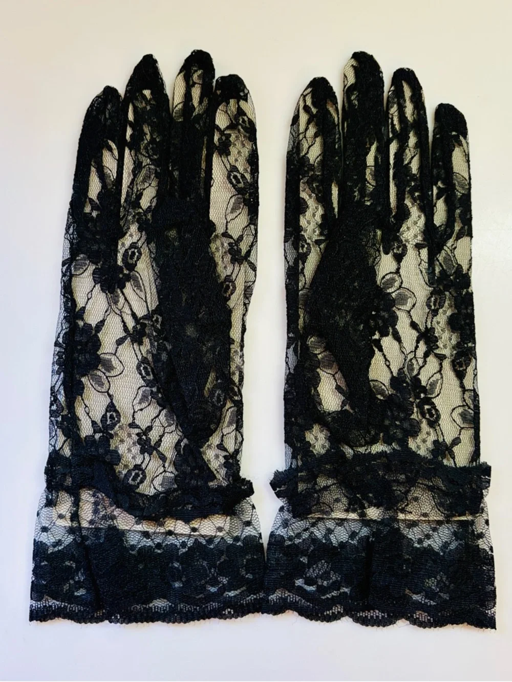 Vtg New Old Stock Black Lace Evening Gloves Mesh Wrist Ruffle Goth Costume